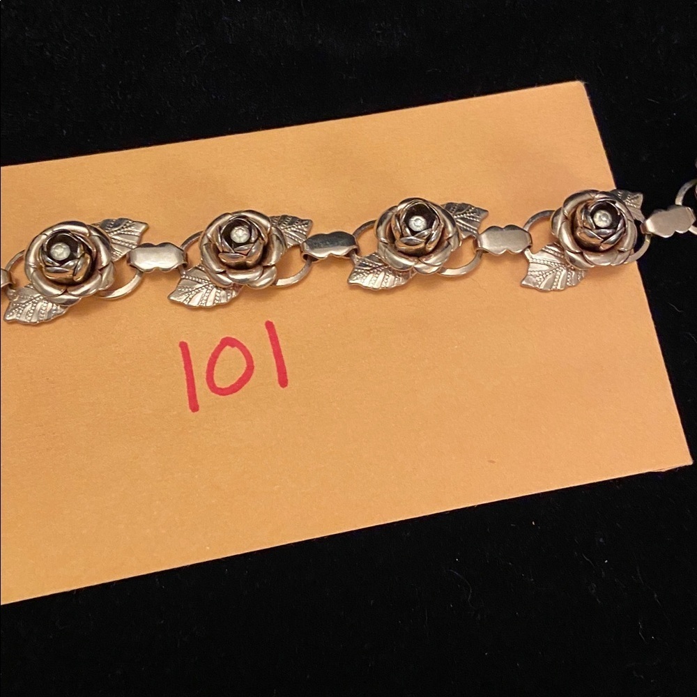 Vintage Antique Brass Silver Finish Flower Rose Link Bracelet Costume - Picture 7 of 7